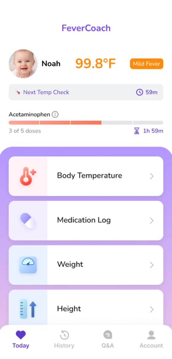 FeverCoach — today's fever status, doses given, and what to log next